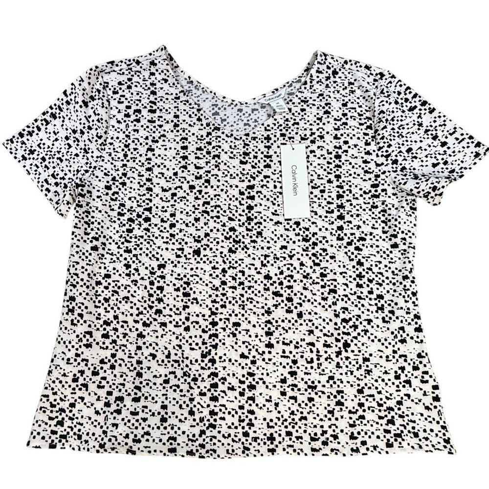 NWT Calvin Klein Womens Large Black White Abstract Print Short Sleeve Top Blouse